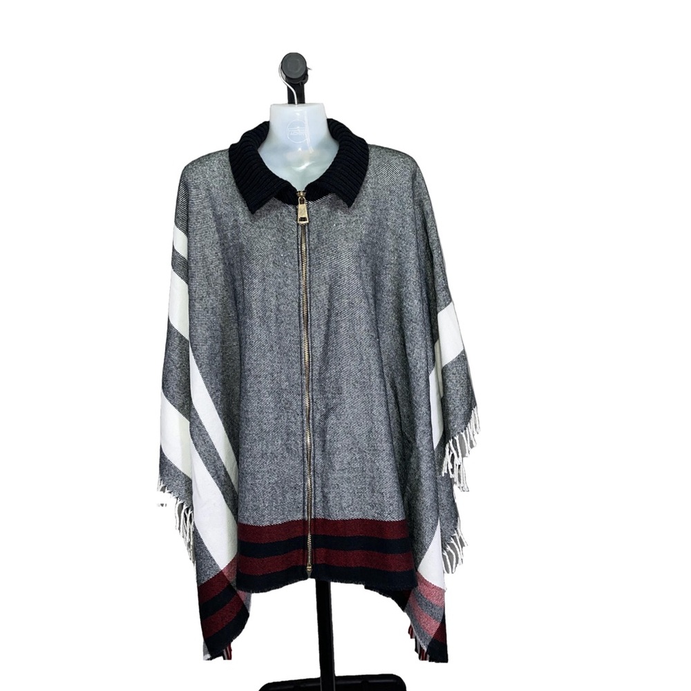 Indigo Soul Gray and Red Women's Sweater Poncho
